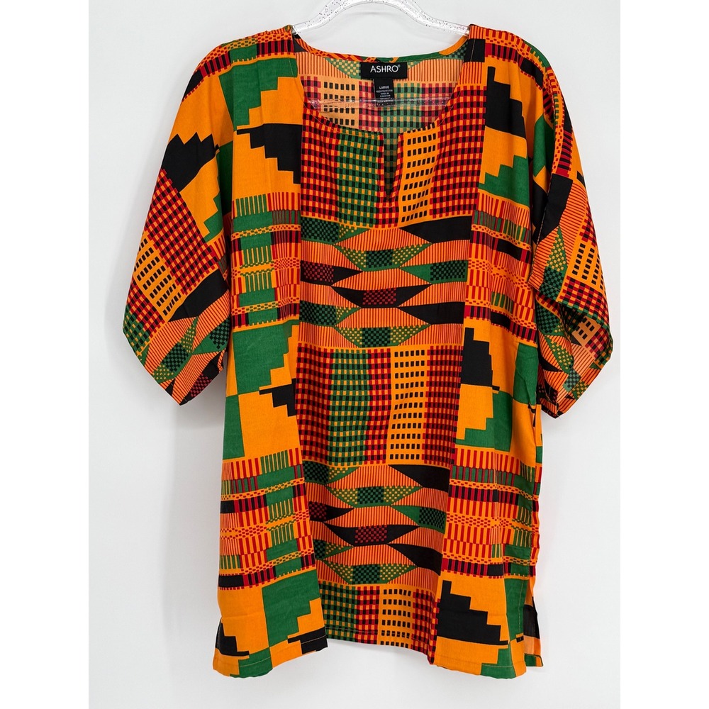 Ashro Womens Kente Print Dashiki Tunic Top Orange Green Geometric Blouse Sz L